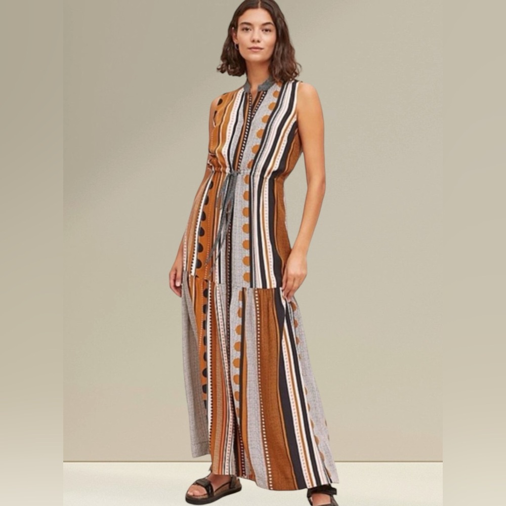 Anthropologie Alondra Boho Chic Maxi Dress Sleeveless Button Front Stripe 2